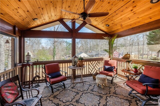 115 Pine Forest Dr, Easley, SC 29642 - sunroom featuring lofted ceiling, wood ceiling, plenty of natural light, and a ceiling fan