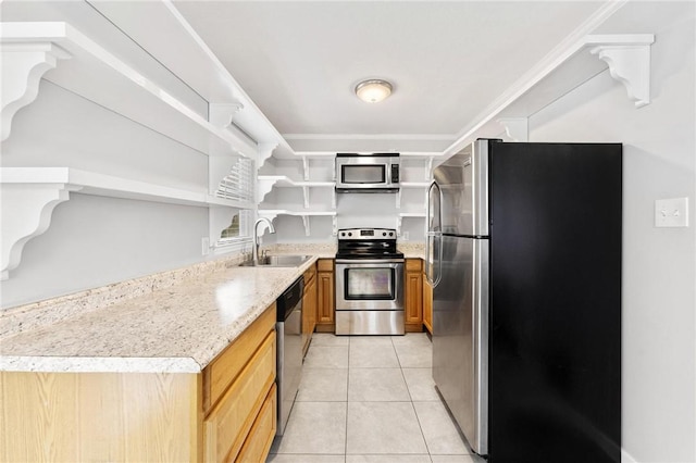 kitchen with brown cabinets, open shelves, a sink, appliances with stainless steel finishes, and light tile patterned floors