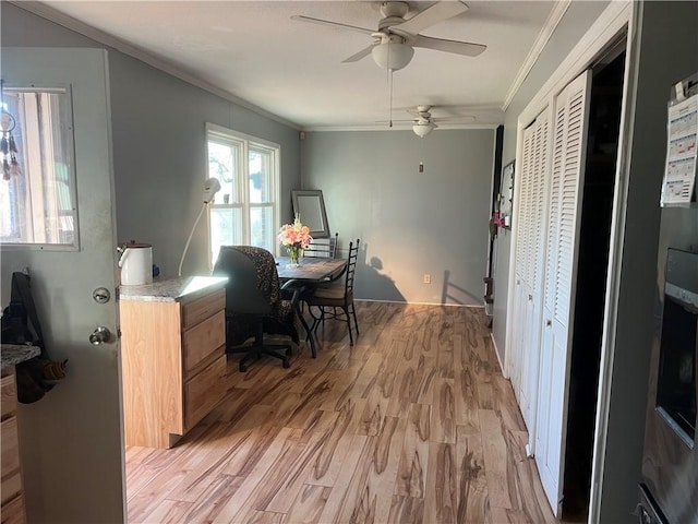 125 Victorian Dr, Anderson, SC 29625 - dining space featuring crown molding, ceiling fan, and light wood-type flooring