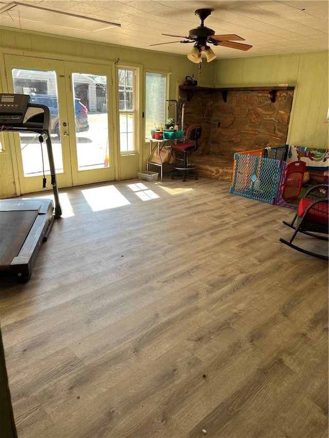 125 Victorian Dr, Anderson, SC 29625 - interior space with wooden walls, ceiling fan, and wood finished floors