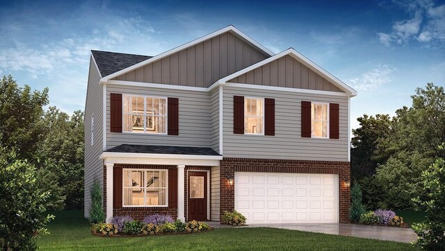 view of front of house with brick siding, driveway, a garage, and roof with shingles