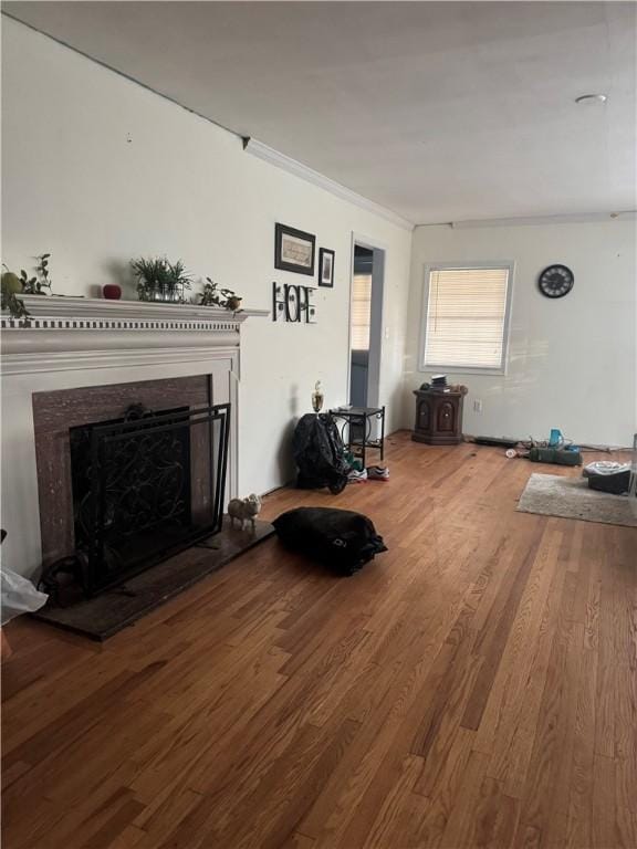 1010 Bern Cir, Anderson, SC 29625 - unfurnished living room featuring a fireplace with raised hearth, wood finished floors, and ornamental molding