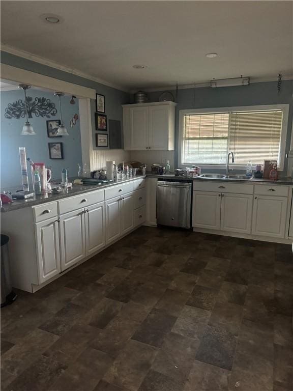 1010 Bern Cir, Anderson, SC 29625 - kitchen with white cabinetry, a sink, crown molding, and stainless steel dishwasher