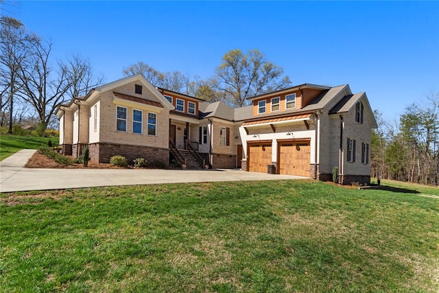 craftsman inspired home featuring a front lawn, concrete driveway, an attached garage, and brick siding