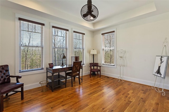 sitting room with a wealth of natural light, wood finished floors, and a raised ceiling
