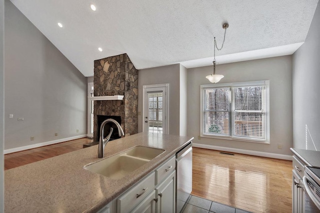 kitchen featuring a sink, a stone fireplace, appliances with stainless steel finishes, and light wood-style floors