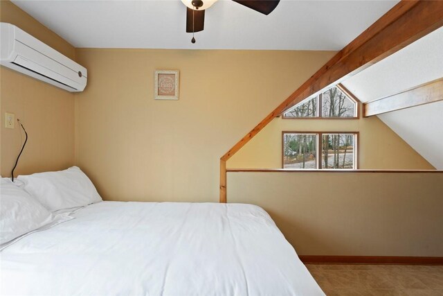 bedroom featuring vaulted ceiling with beams, a wall mounted air conditioner, ceiling fan, and baseboards