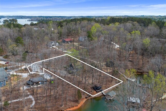 drone / aerial view featuring a water view and a wooded view