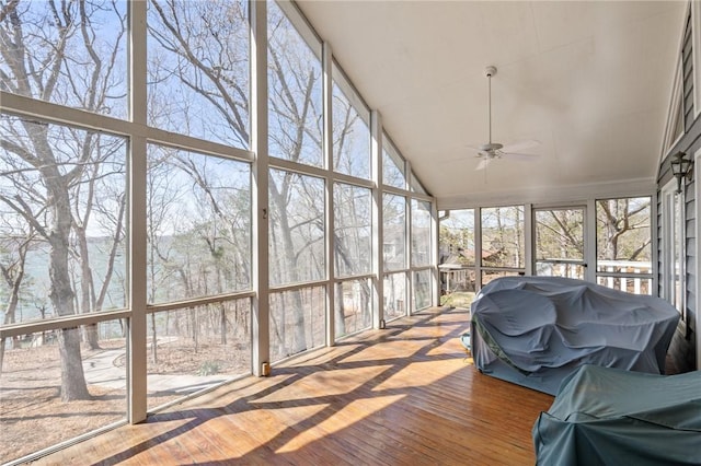 sunroom / solarium featuring a ceiling fan