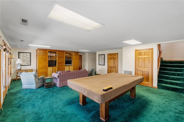 rec room with baseboards, visible vents, pool table, and carpet
