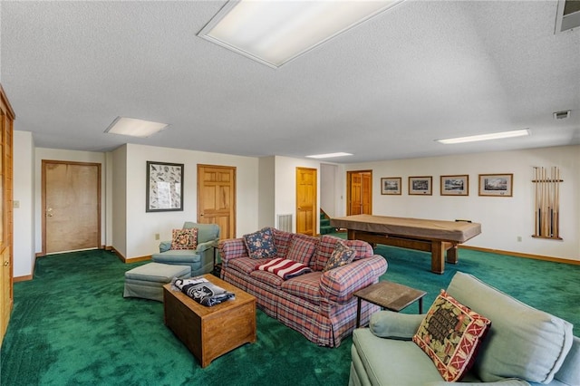 carpeted living room featuring baseboards, a textured ceiling, visible vents, and billiards