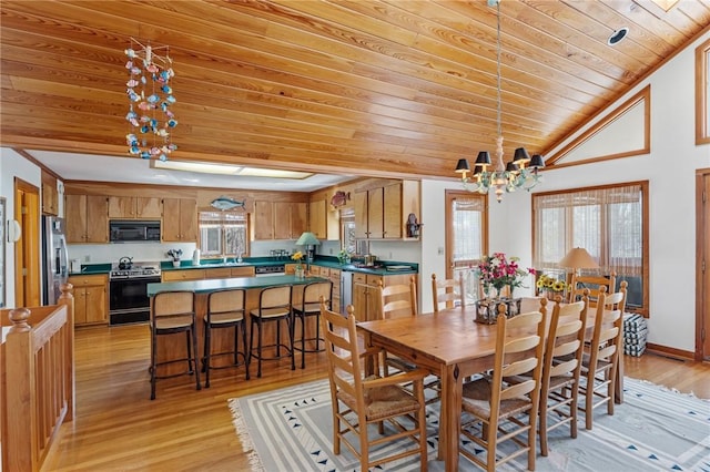 dining space with wooden ceiling, lofted ceiling, baseboards, light wood-style floors, and an inviting chandelier
