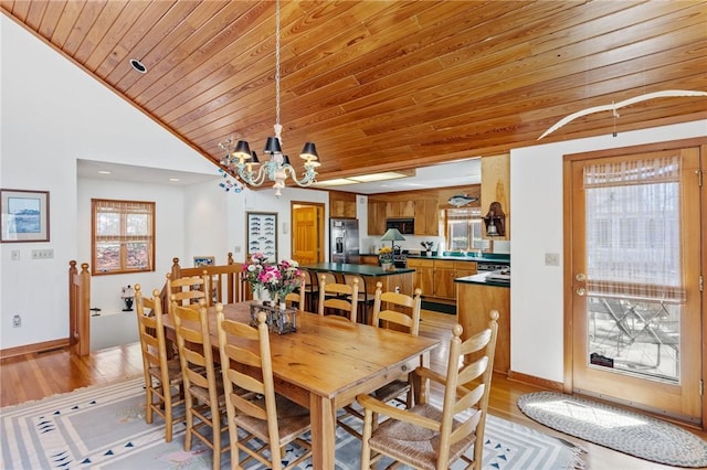 dining space featuring lofted ceiling, light wood-style flooring, wood ceiling, and a chandelier