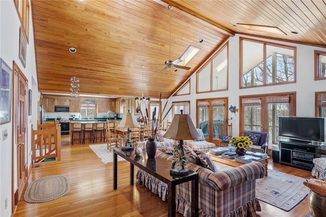 living room featuring light wood-type flooring, wood ceiling, and a healthy amount of sunlight