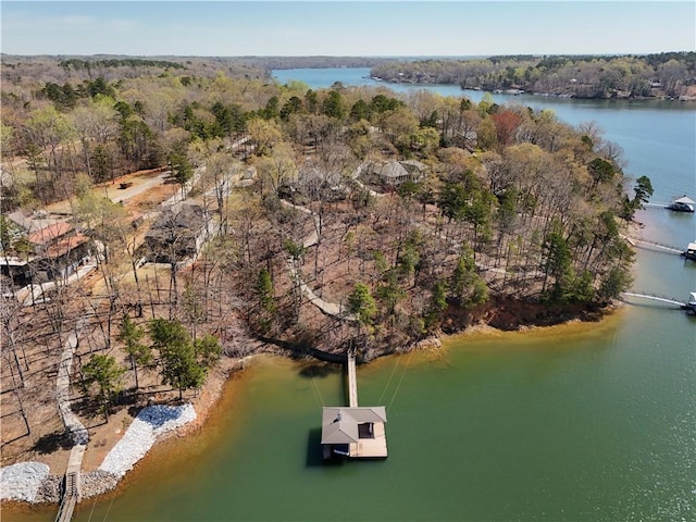 aerial view featuring a water view and a forest view