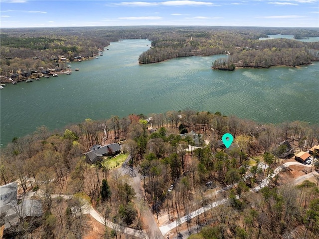birds eye view of property featuring a forest view and a water view