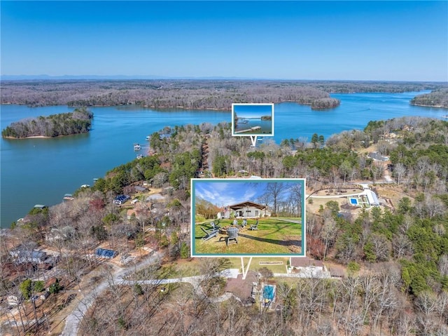 bird's eye view with a wooded view and a water view