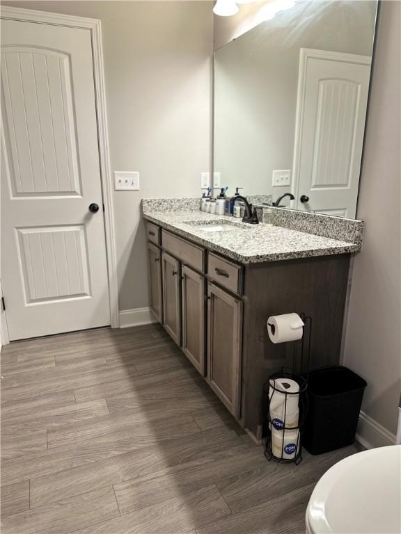 bathroom featuring wood finished floors, vanity, and baseboards