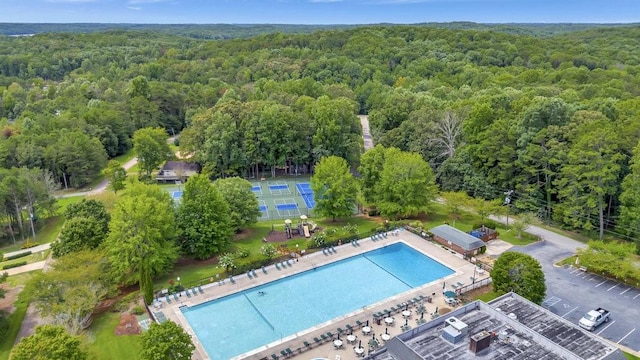 bird's eye view featuring a view of trees