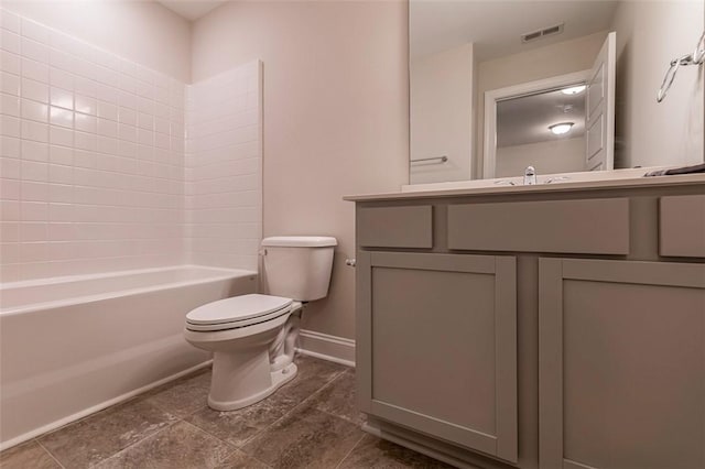 bathroom featuring bathtub / shower combination, toilet, vanity, baseboards, and visible vents