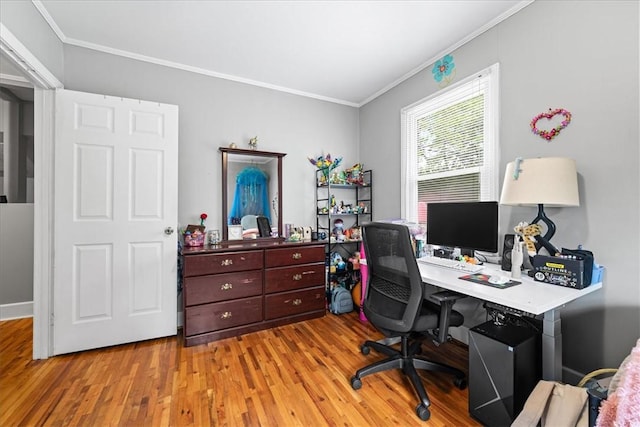 home office featuring crown molding and wood finished floors