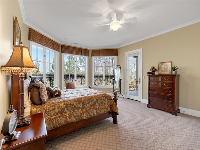 105 Green Cove Way, Six Mile, SC 29682 - bedroom with baseboards, ornamental molding, access to outside, a ceiling fan, and light carpet