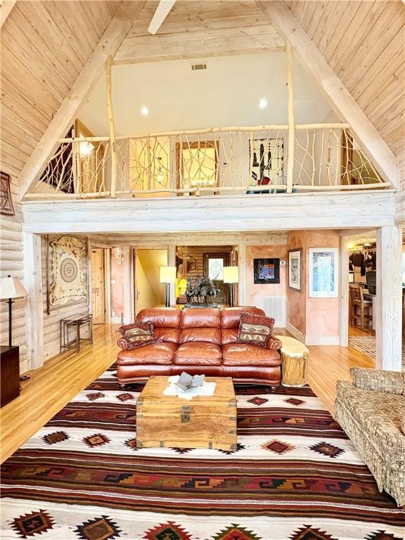191 Crystal Ln, Townville, SC 29689 - living area with wood ceiling, beamed ceiling, visible vents, and wood finished floors