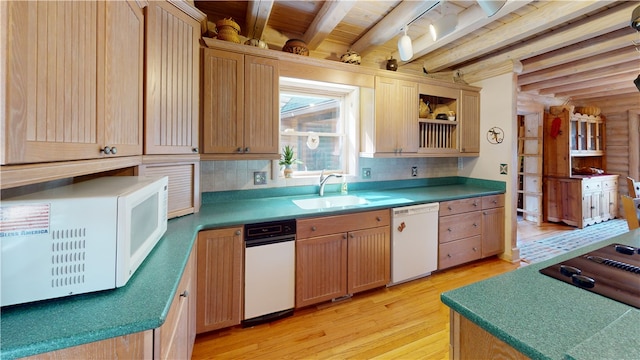 191 Crystal Ln, Townville, SC 29689 - kitchen featuring white appliances, decorative backsplash, a sink, beamed ceiling, and light wood-style flooring