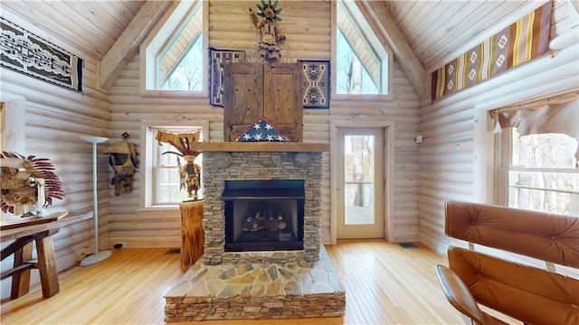 191 Crystal Ln, Townville, SC 29689 - living room featuring a fireplace, wood ceiling, and wood-type flooring