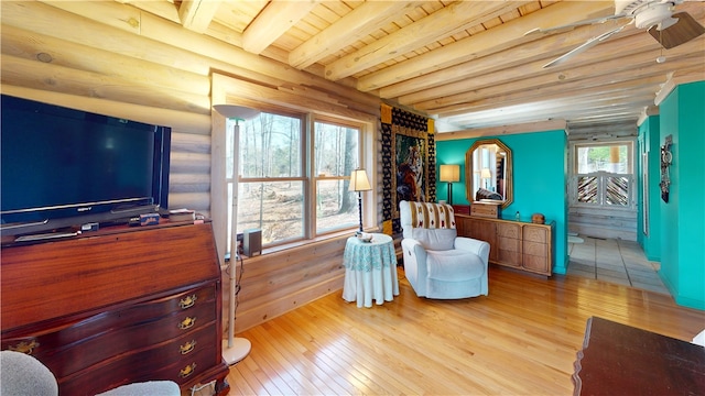 191 Crystal Ln, Townville, SC 29689 - living area with beamed ceiling, log walls, ceiling fan, wood ceiling, and wood-type flooring