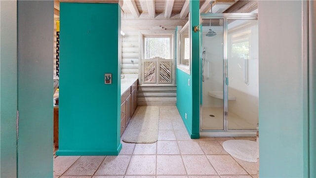 191 Crystal Ln, Townville, SC 29689 - bathroom featuring a stall shower, log walls, beam ceiling, and stone tile flooring