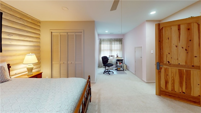 191 Crystal Ln, Townville, SC 29689 - bedroom featuring a closet, baseboards, recessed lighting, rustic walls, and carpet floors