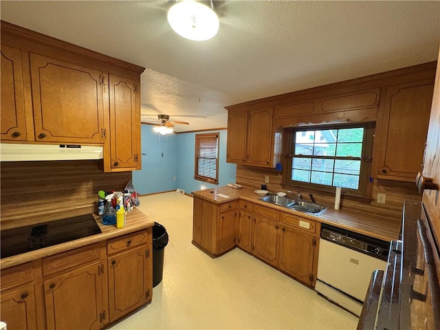 kitchen with black electric stovetop, brown cabinets, a sink, and dishwasher