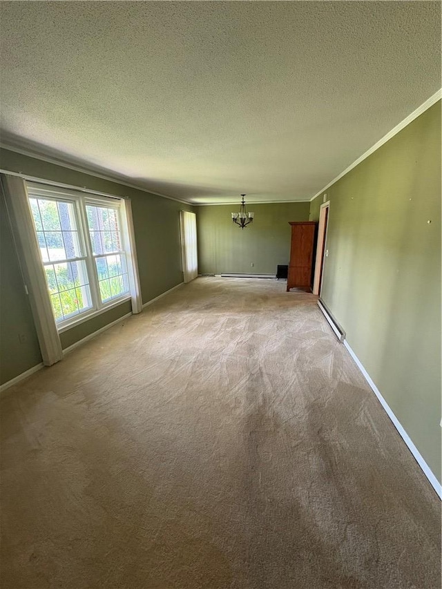 2506 Poplar Ln, Anderson, SC 29621 - unfurnished living room with a chandelier, a textured ceiling, light carpet, crown molding, and a baseboard radiator
