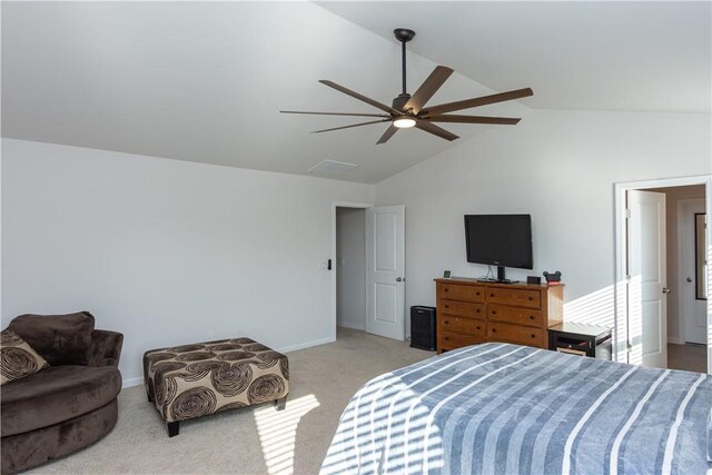 bedroom featuring baseboards, carpet flooring, high vaulted ceiling, and ceiling fan