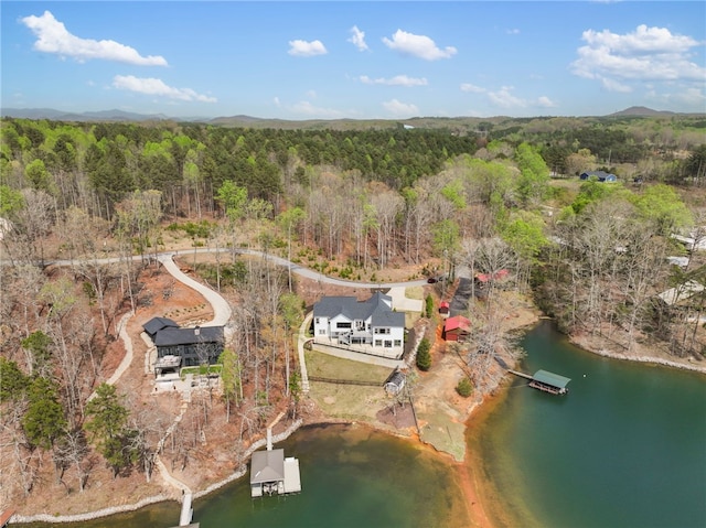 birds eye view of property featuring a water view and a forest view