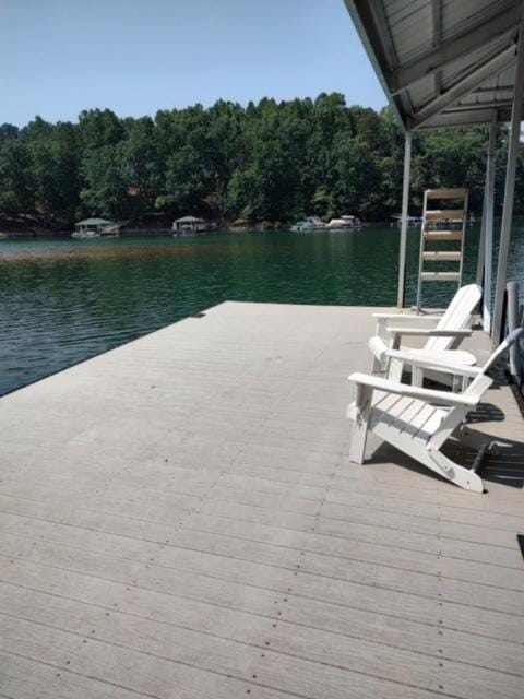 view of dock featuring a water view and a view of trees