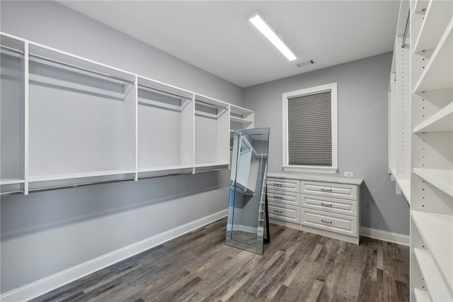 spacious closet with dark wood-style floors and visible vents