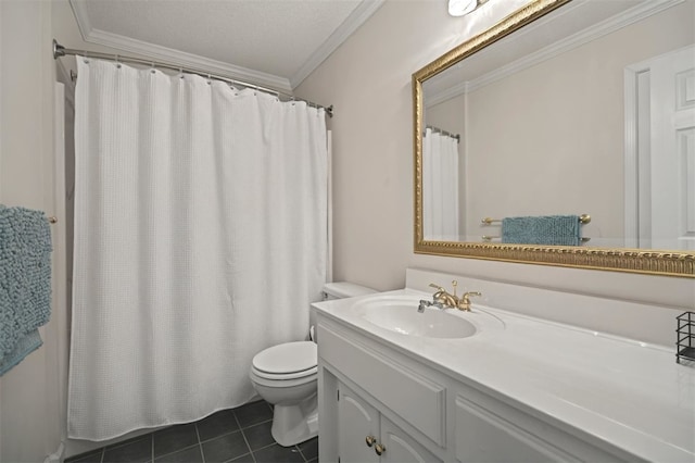 bathroom with crown molding, a shower with shower curtain, toilet, tile patterned floors, and vanity