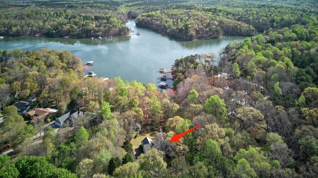 drone / aerial view featuring a water view and a forest view