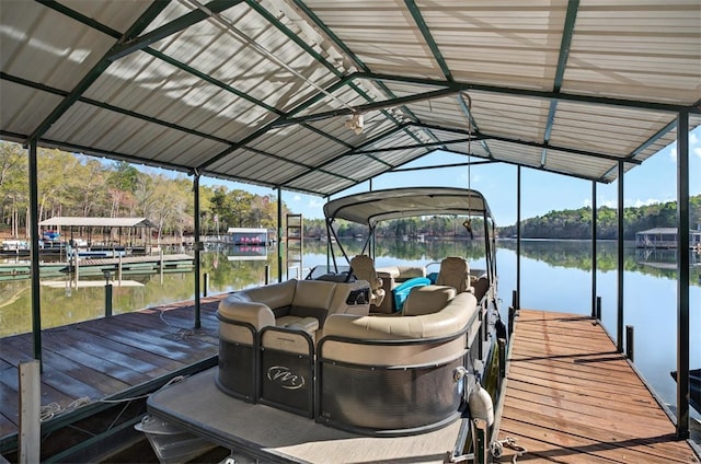 dock area featuring boat lift and a water view