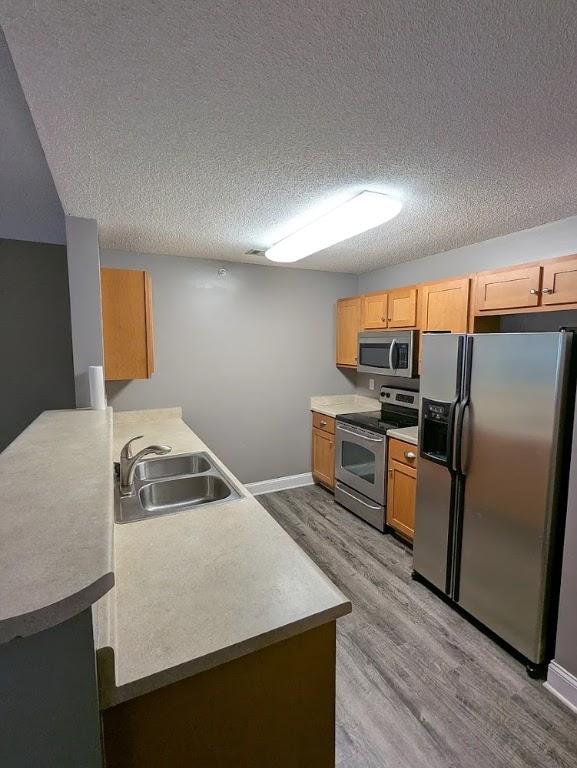 235 Lookover Dr, Anderson, SC 29621 - kitchen featuring stainless steel appliances, a peninsula, light wood-type flooring, a textured ceiling, and light countertops