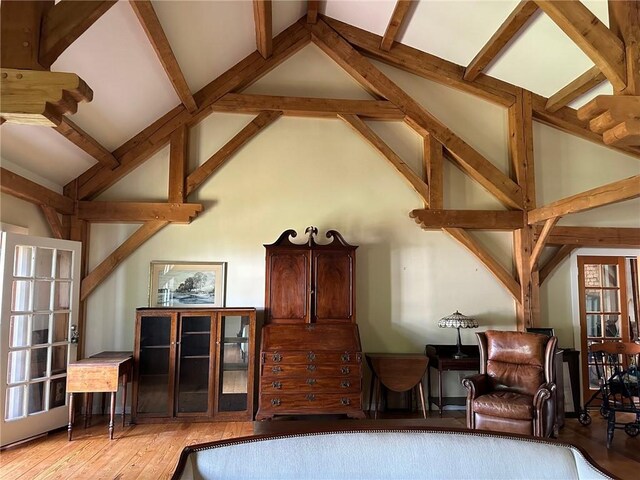 171 E Main St, Pendleton, SC 29670 - living area featuring high vaulted ceiling, wood finished floors, and beam ceiling