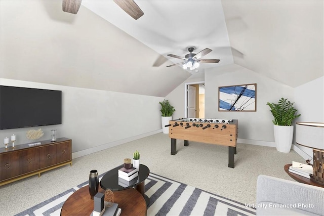 185 Norfolk Cir, Anderson, SC 29625 - recreation room featuring a ceiling fan, carpet floors, baseboards, and lofted ceiling