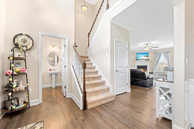 185 Norfolk Cir, Anderson, SC 29625 - stairway featuring baseboards, a lit fireplace, wood finished floors, and a ceiling fan