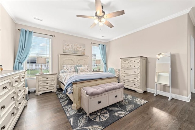 185 Norfolk Cir, Anderson, SC 29625 - bedroom with visible vents, baseboards, ceiling fan, ornamental molding, and dark wood-style floors
