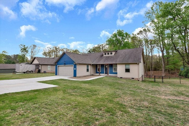 view of front of house featuring driveway, a front yard, fence, crawl space, and a garage