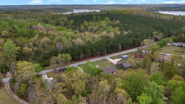 birds eye view of property featuring a water view and a forest view