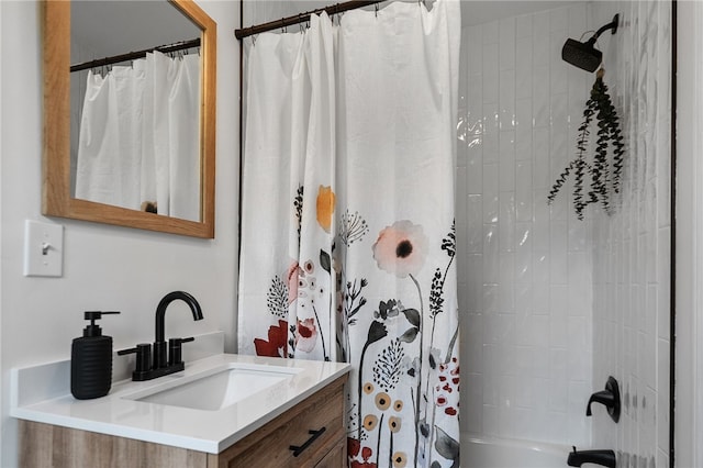 bathroom featuring shower / tub combo with curtain and vanity
