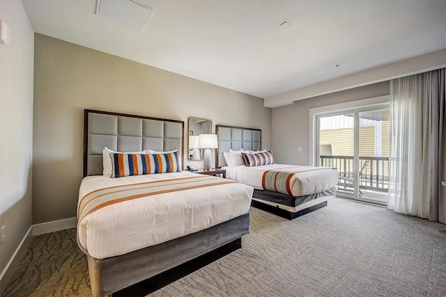 bedroom with baseboards, access to outside, and carpet flooring